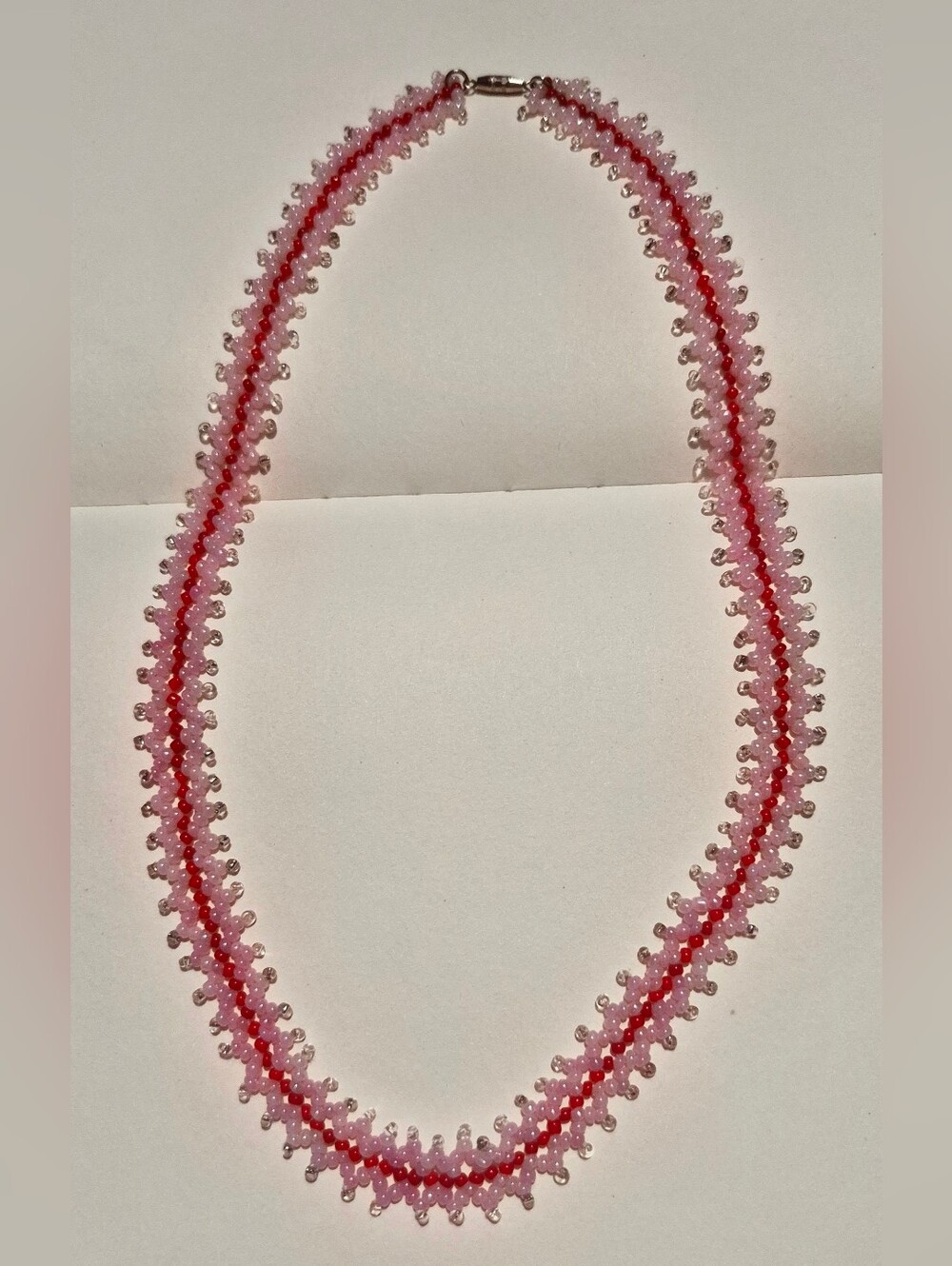 Handmade Seed Bead Lace Necklace Pink Red Chevron Woven Netting